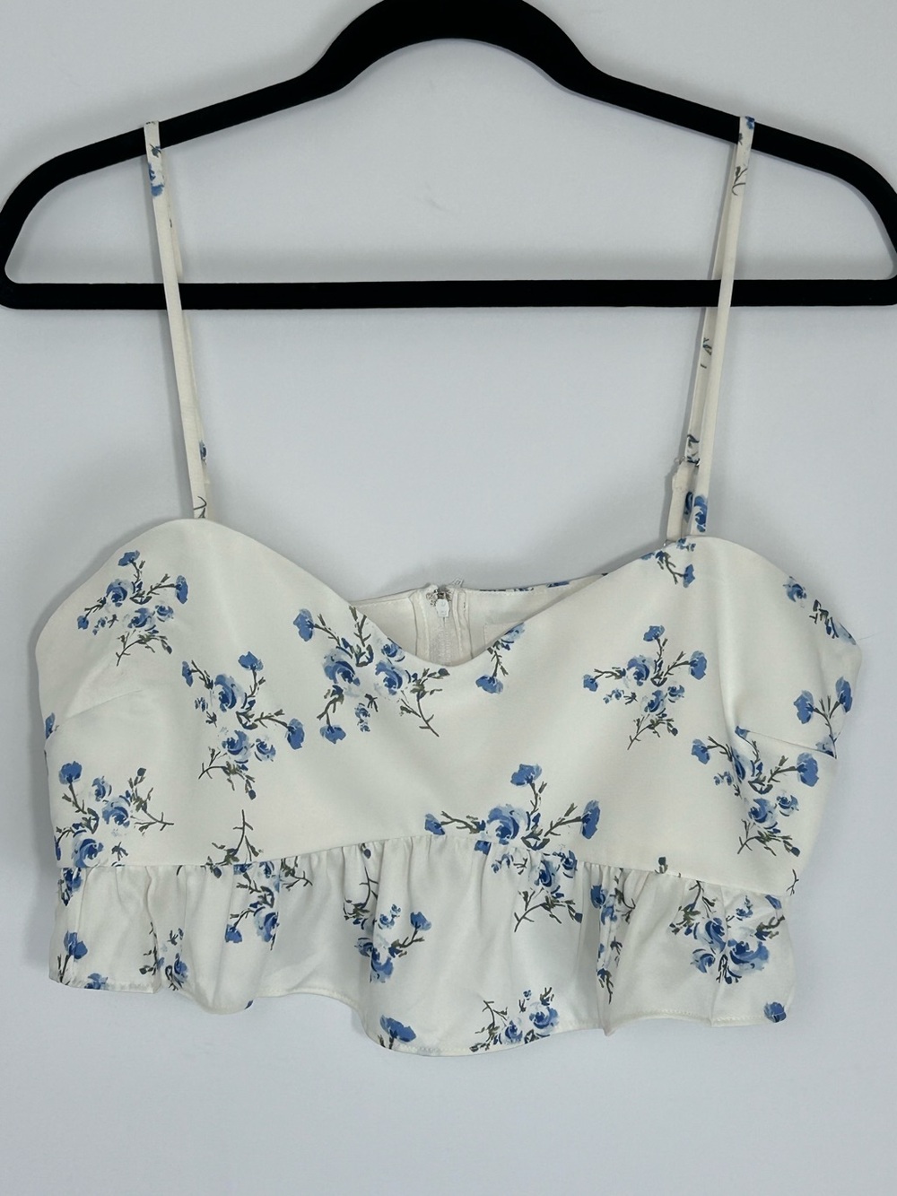 Women’s LENA Floral Ruffle Cropped Cami Top White Blue Size L